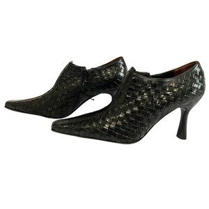 DONALD J PLINER MAZI BLACK BRAIDED LEATHER POINTED SQUARE TOE HEELED ANKLE BOOTS